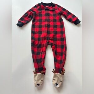 Carter's Fleece Red Plaid Footies‎ with Reindeer Feet 18m Boy Holidays Winter